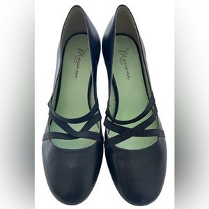 Mariana by Golc Black Leather Dance Heels Pumps with Criss-Cross Straps